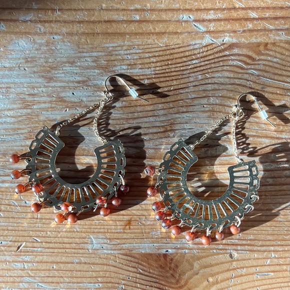 Jewelry - Bohemian Arch Fan Dangle Earrings Orange Bead Gold Tone Drop
